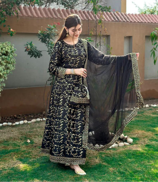 Stylish 4 Pcs Women's Stitched Silk Embroidered Lehenga Choli Set in Black