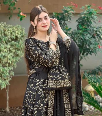 Stylish 4 Pcs Women's Stitched Silk Embroidered Lehenga Choli Set in Black