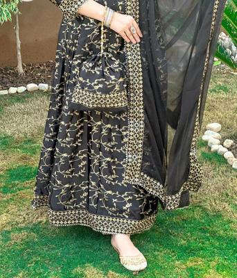 Stylish 4 Pcs Women's Stitched Silk Embroidered Lehenga Choli Set in Black