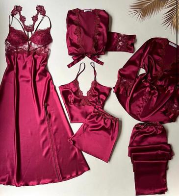 Elegant Women's Silk V-Neck Night Suit - 6 Pcs Sleepwear Set