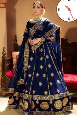 Stylish 4 Pcs Women's Stitched Silk Embroidered Lehenga Choli Set in Black