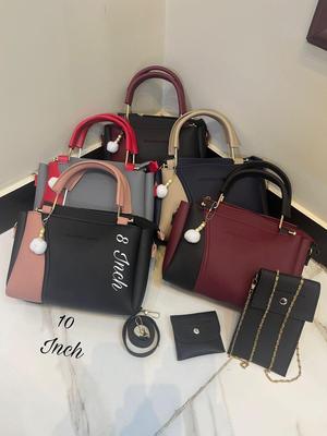 Chic Girl's 3 Pcs Rexine Hand Bag Set - Trendy Plain Design