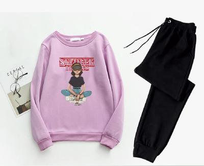 2 Pcs Women's Stitched Fleece Printed Sweatshirt Tracksuit