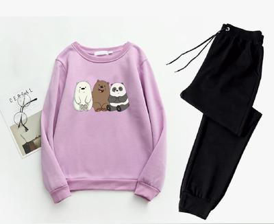 2 Pcs Women's Stitched Fleece Printed Sweatshirt Tracksuit