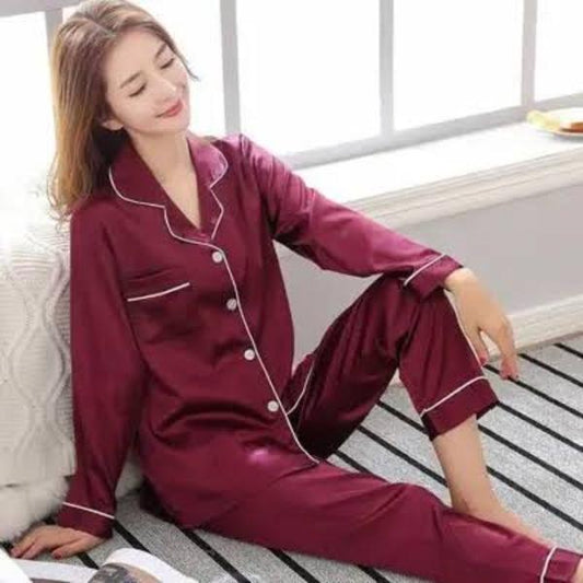 Luxurious Maroon Silk Night Suit - 2 Pcs Sleep Shirt & Trouser Set