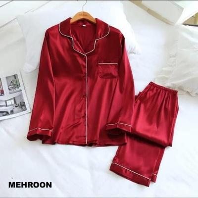 Luxurious Maroon Silk Night Suit - 2 Pcs Sleep Shirt & Trouser Set