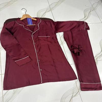 Luxurious Maroon Silk Night Suit - 2 Pcs Sleep Shirt & Trouser Set