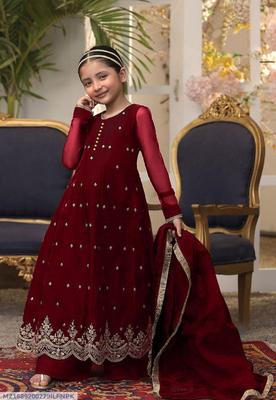 3 Pcs Girl's Chiffon Embroidered Frock And Trouser Set