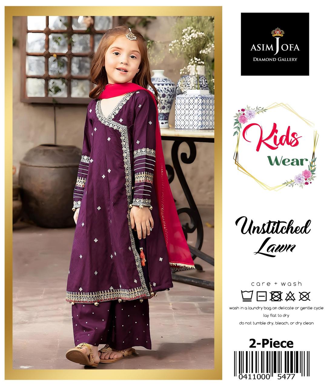 2 Pcs Girl's Lawn Embroidered Unstitched Suit