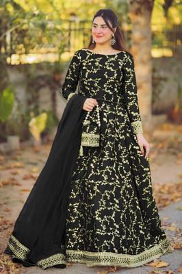 Stylish 4 Pcs Women's Stitched Silk Embroidered Lehenga Choli Set in Black