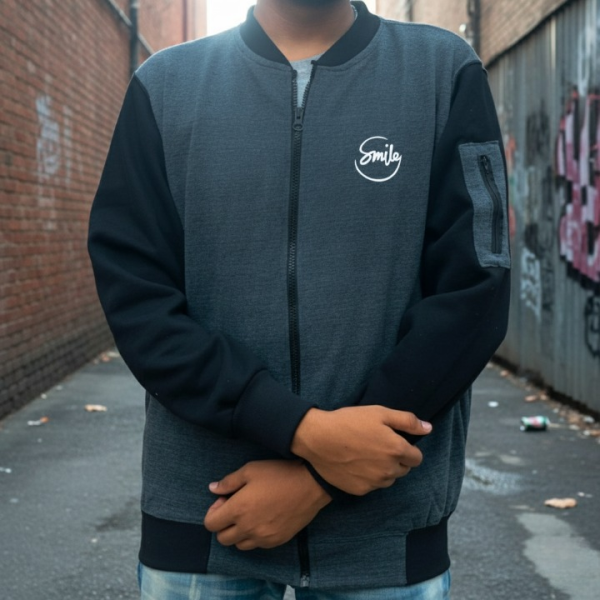 New Winter Collection Charcoal Grey “smile” Printed Zipper Jacket For Men & Boys – Premium French Fleece, Stylish, Warm & Comfortable Winter Wear (m, L, Xl)