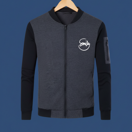New Winter Collection Charcoal Grey “smile” Printed Zipper Jacket For Men & Boys – Premium French Fleece, Stylish, Warm & Comfortable Winter Wear (m, L, Xl)