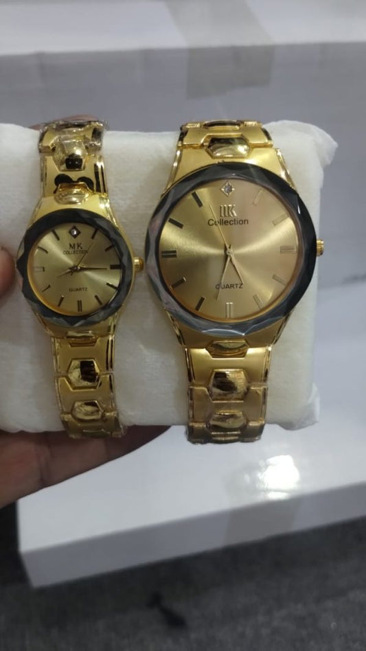 Gold Couple Watch Set – Luxury Quartz Timepieces For Him & Her With Polished Bracelet Design