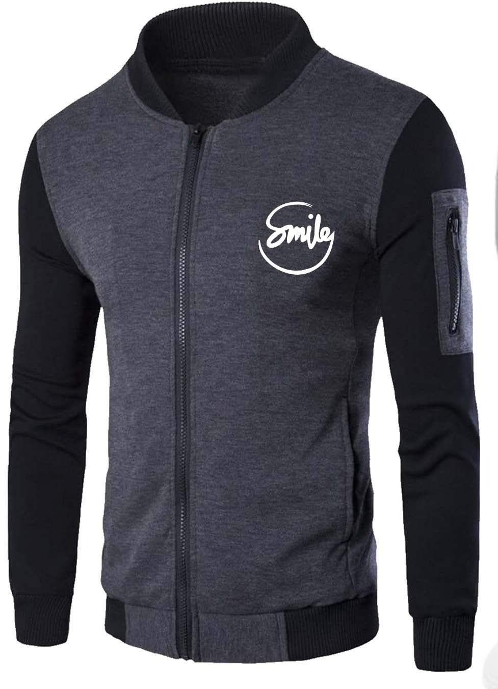 New Winter Collection Charcoal Grey “smile” Printed Zipper Jacket For Men & Boys – Premium French Fleece, Stylish, Warm & Comfortable Winter Wear (m, L, Xl)