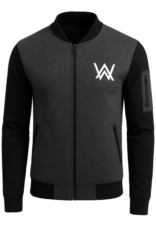 New Winter Collection Charcoal Grey Wa Printed Zipper Jacket For Men & Boys – Premium Fleece Material, Stylish Bomber Design, Full Front Zipper Closure