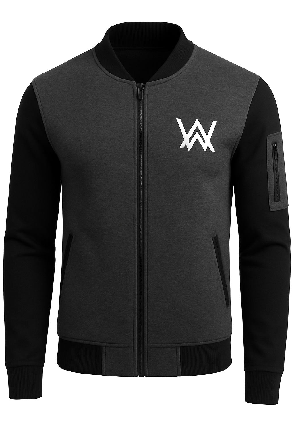 New Winter Collection Charcoal Grey Wa Printed Zipper Jacket For Men & Boys – Premium Fleece Material, Stylish Bomber Design, Full Front Zipper Closure