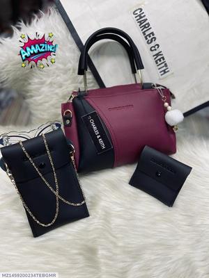 Chic Girl's 3 Pcs Rexine Hand Bag Set - Trendy Plain Design