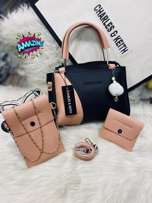 Chic Girl's 3 Pcs Rexine Hand Bag Set - Trendy Plain Design