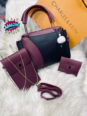 Chic Girl's 3 Pcs Rexine Hand Bag Set - Trendy Plain Design
